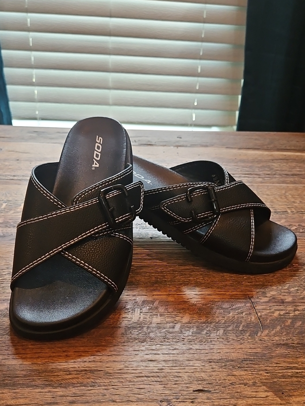 Soda Black Women's Criss Cross Strap Slide Sandals with‎ Buckle